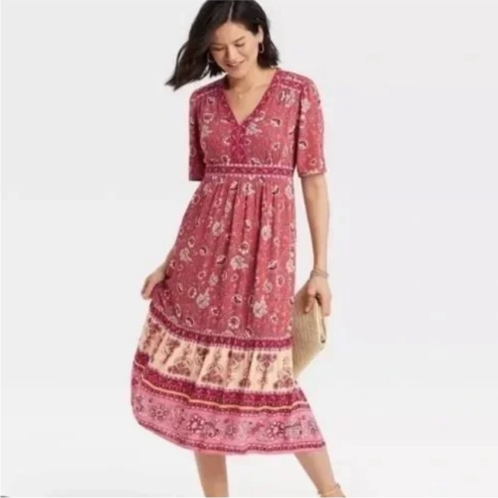 Knox Rose Pink Boho Maxi Dress XS Elbow Sleeve Floral Peasant Cottagecore